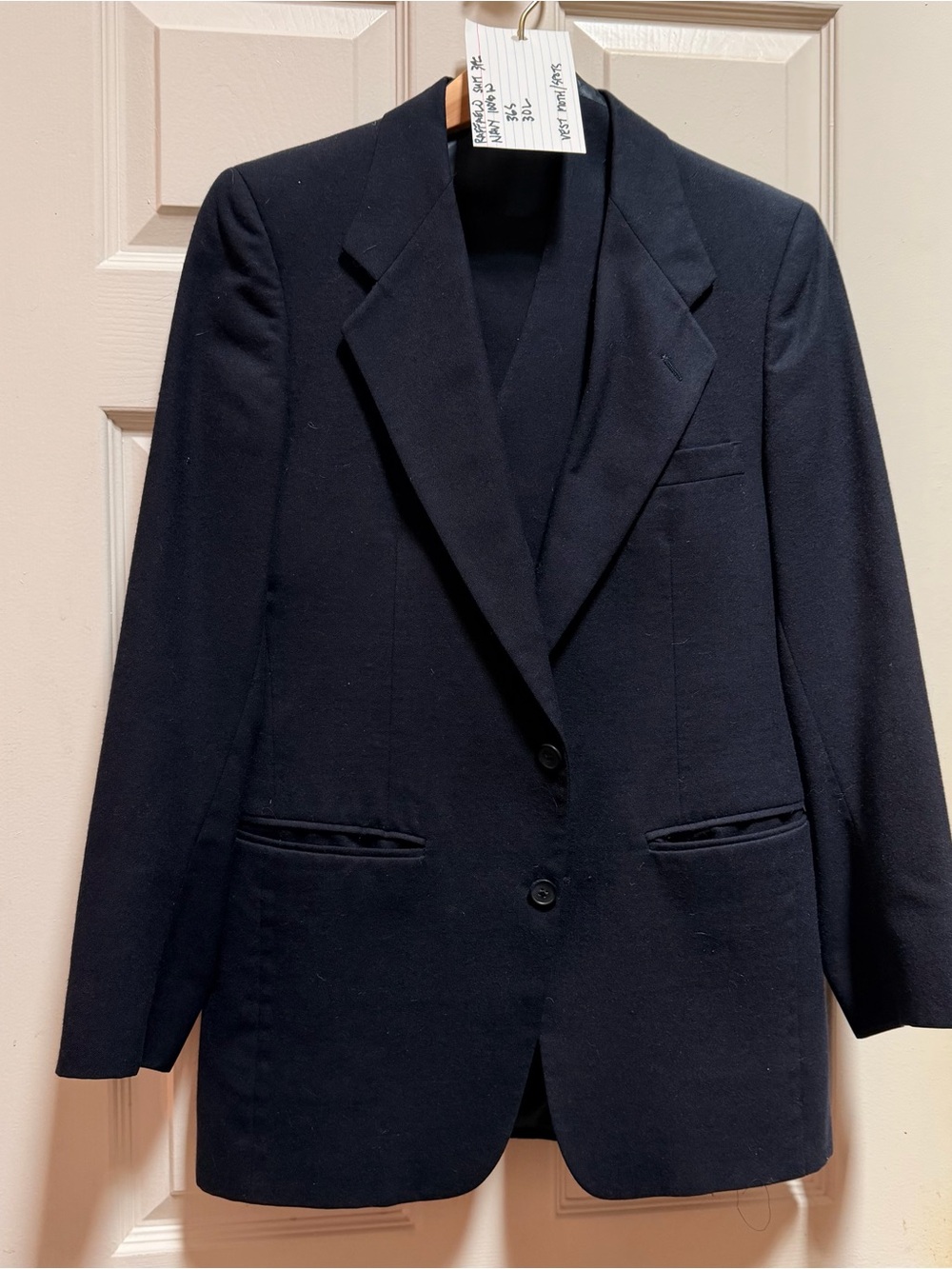 Raffaelo 100% wool Men's suit 3 piece Navy. NOTE: moth damage, needs reweaving.